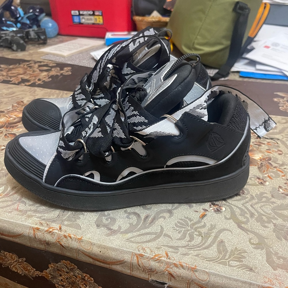 Lanvin Black and Gray curb Sneakers with Patterned Laces